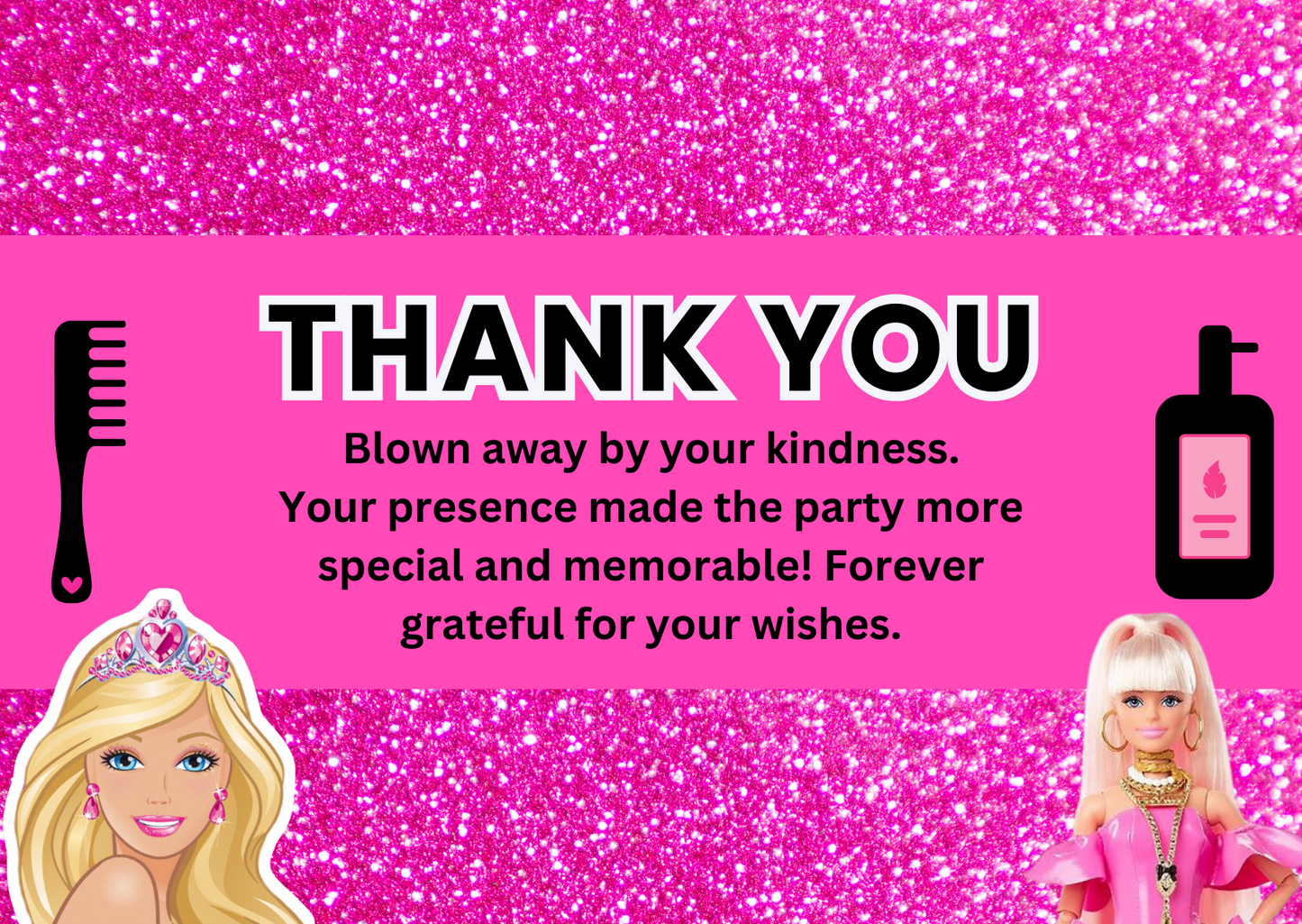Sparkling Barbie Spa Birthday Thank You Card – Editable Digital Template & Instant Download Fun Printable Note for Kids