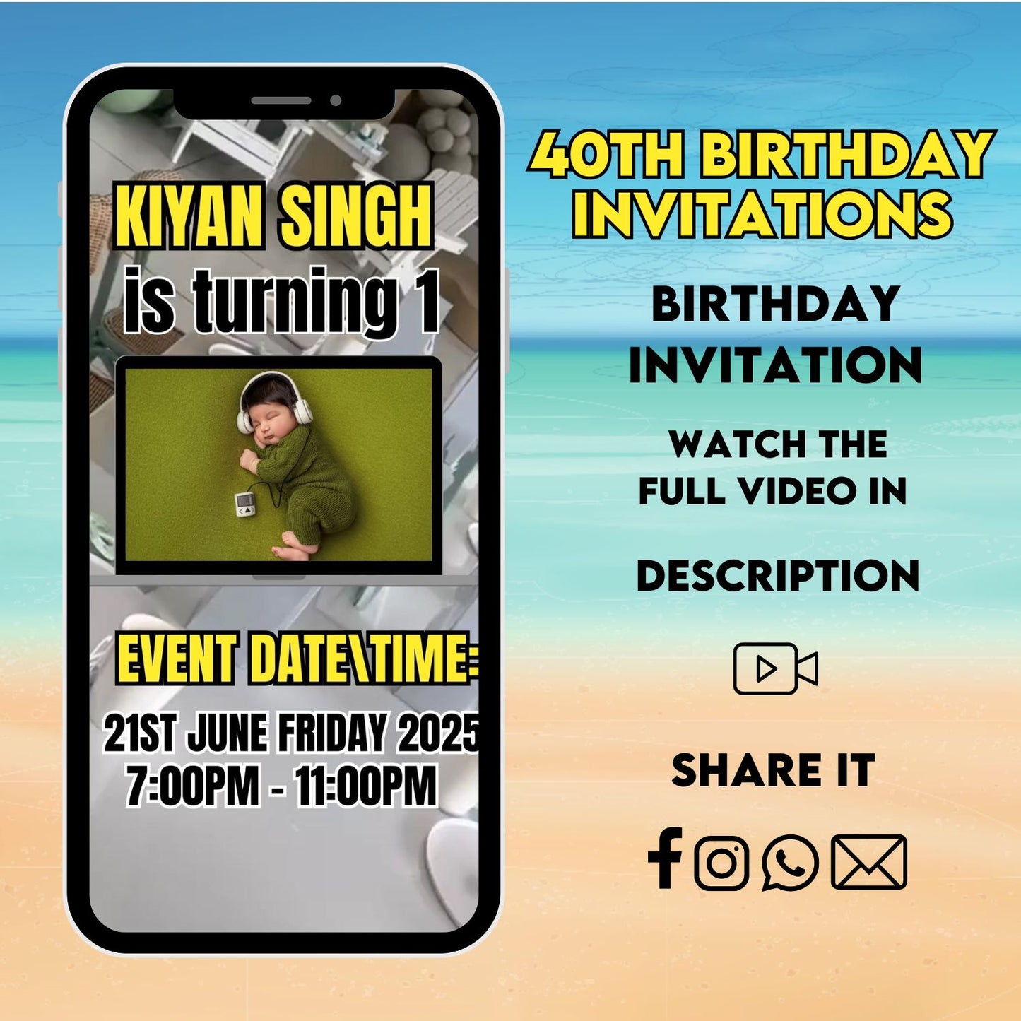 Beach Theme Birthday Party Video Invitation | Digital Birthday Invitation