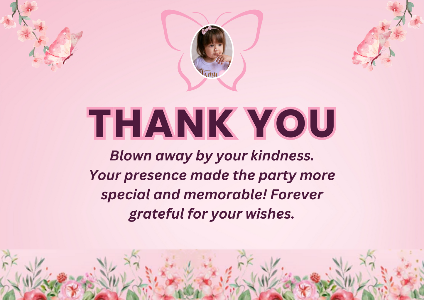 Editable Butterfly Birthday Thank You Card | Digital Party Printable | Kids’ Birthday Thank You Template | Animated/Custom Design