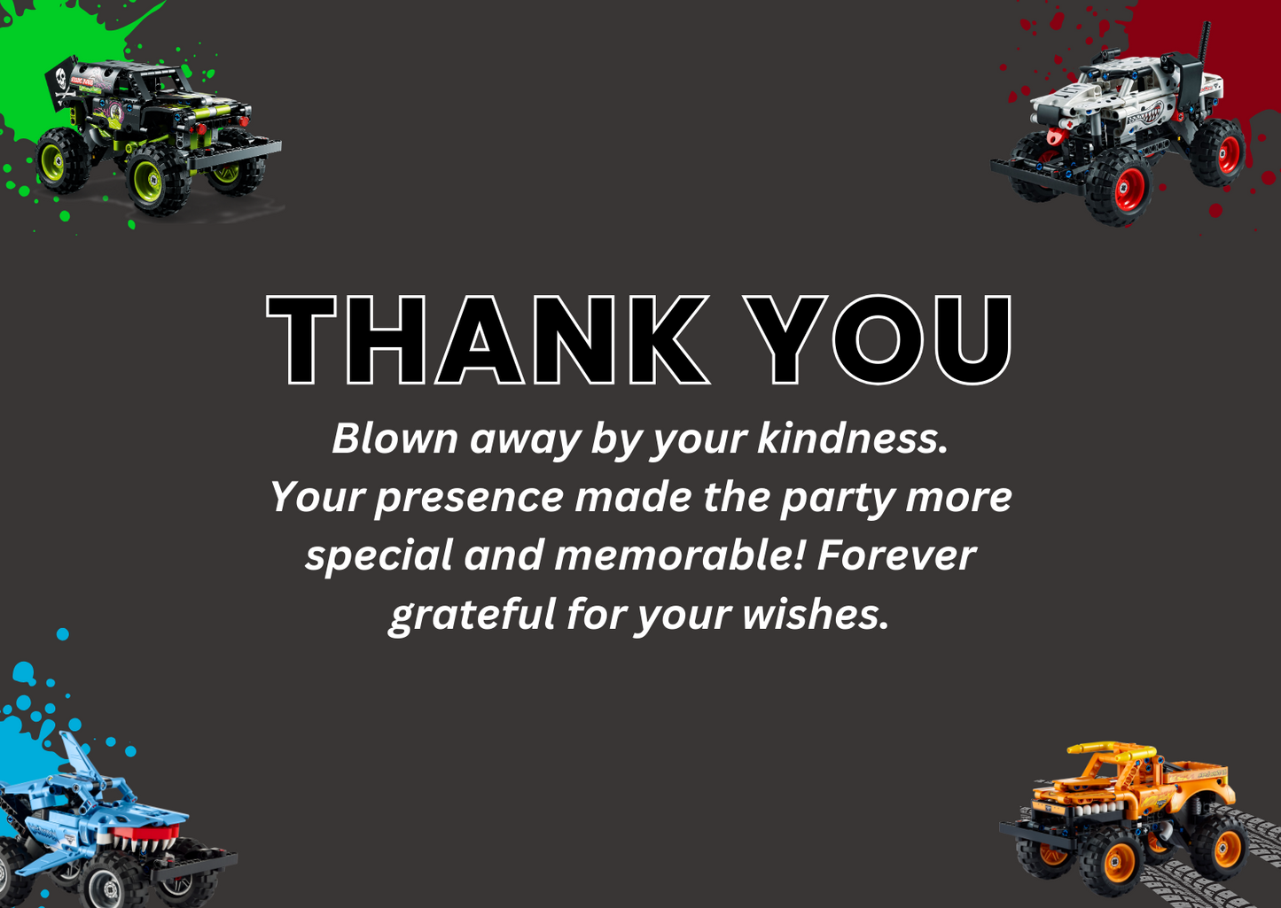 Editable & Instant Download | Exciting Monster Trucks Birthday Thank You Card | Animated Kids Monster Truck Party Thank You Printable