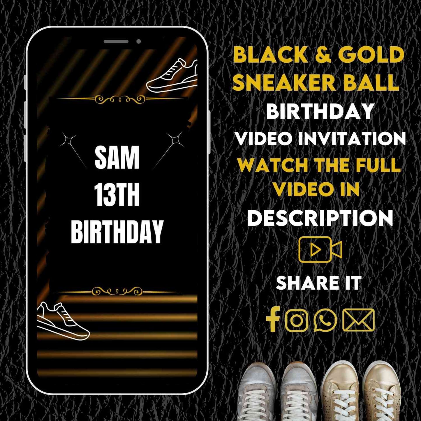 Glamorous Gold Sneaker Ball Birthday Video Invitation | Trendy & Unique