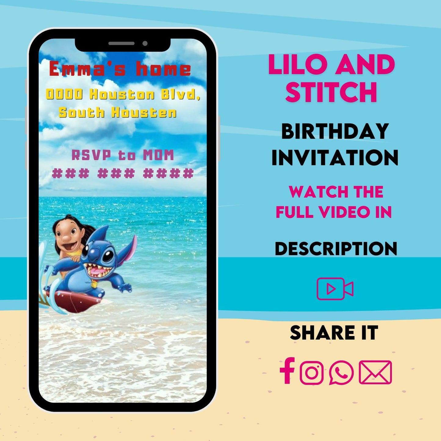 Editable & Instant Download | Lilo and Stitch Birthday Video Invitation | Personalized Animated Party Invite