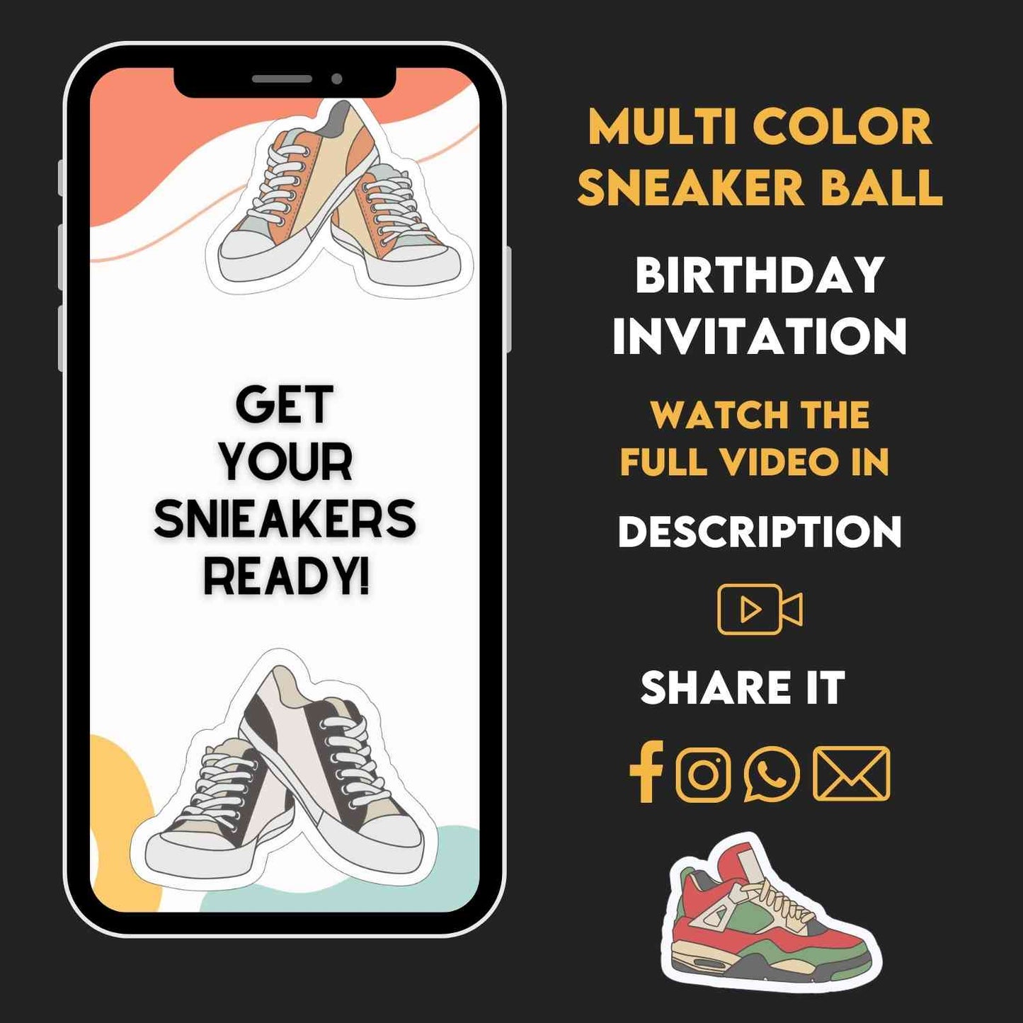 Multi Color Sneaker Ball Birthday Video Invitation | Birthday Party Invite