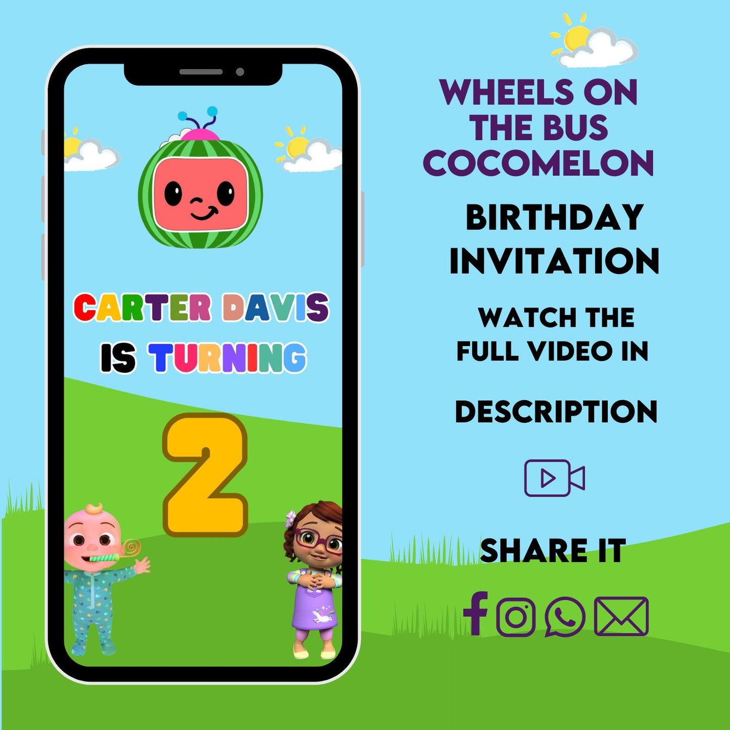 Editable & Instant Download | Cocomelon Wheels on the Bus Birthday Video Invitation | Personalized Animated Party Invite