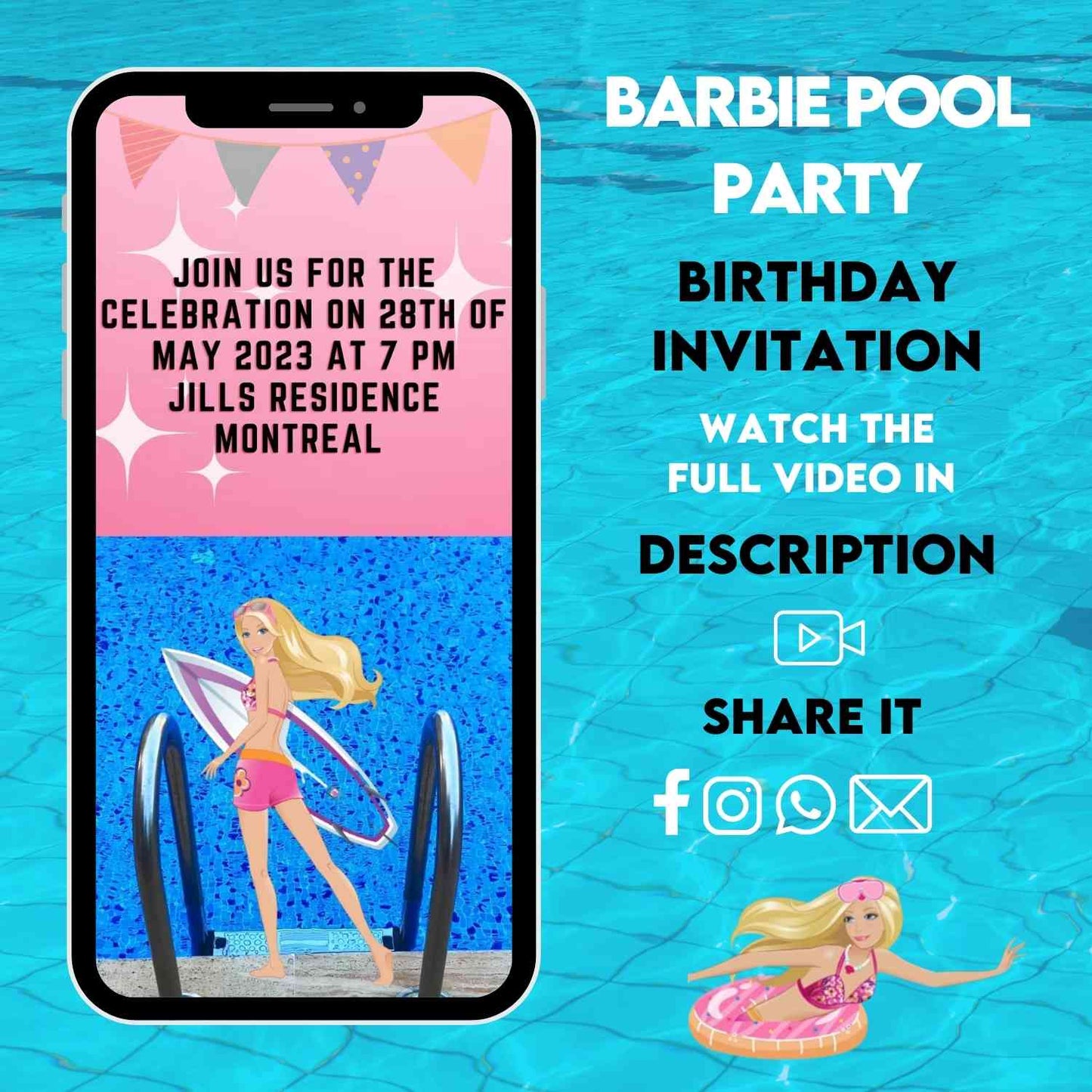 Barbie Pool Party Video Invitation | Animated Party Video Invite