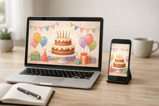 Realistic home desk scene with a laptop and smartphone displaying a birthday invitation design, natural daylight from a window, neutral background, notebook and pen on a casual workspace, shallow depth of field.