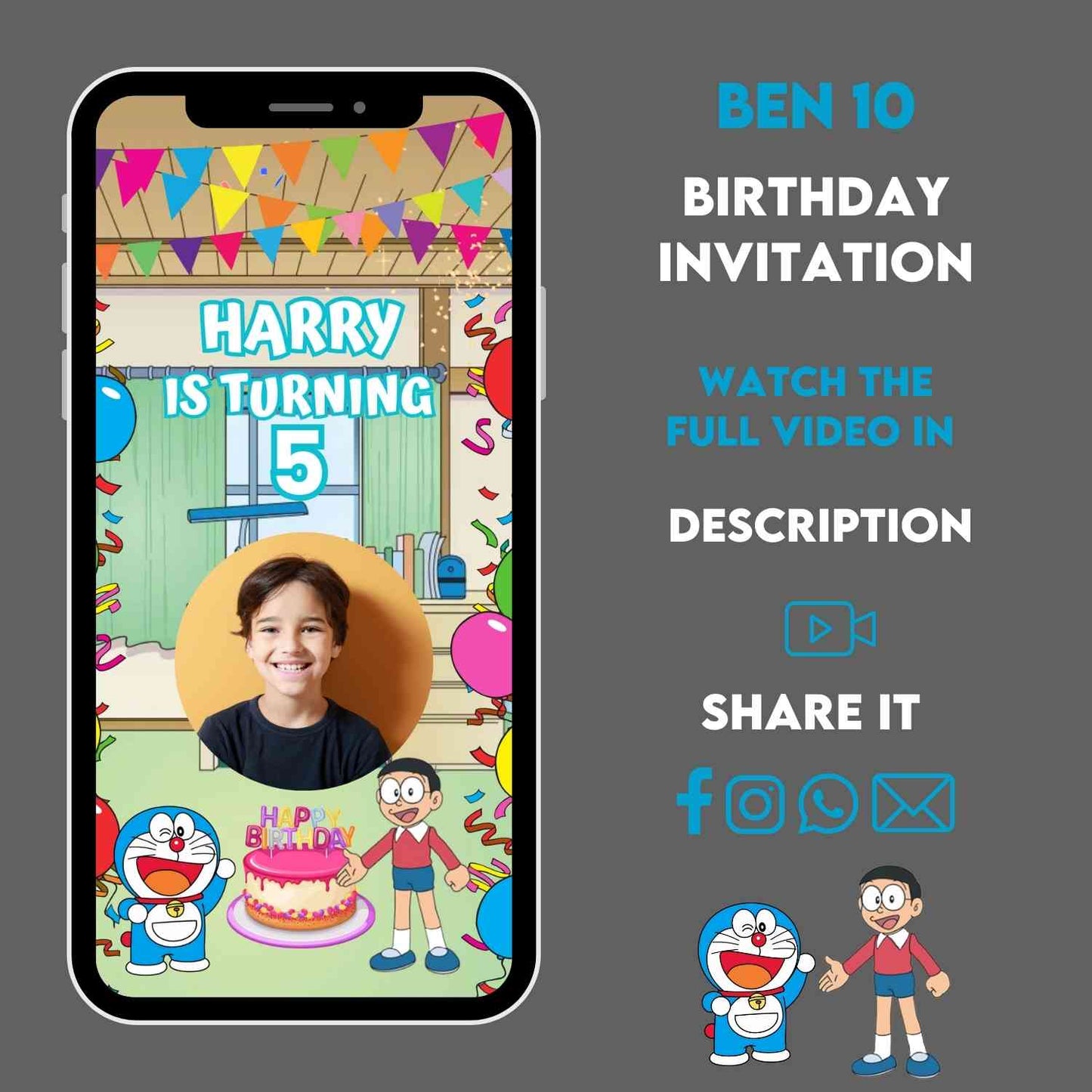 Doraemon Birthday Video Invitation | Custom Doremon Theme Party Invitation