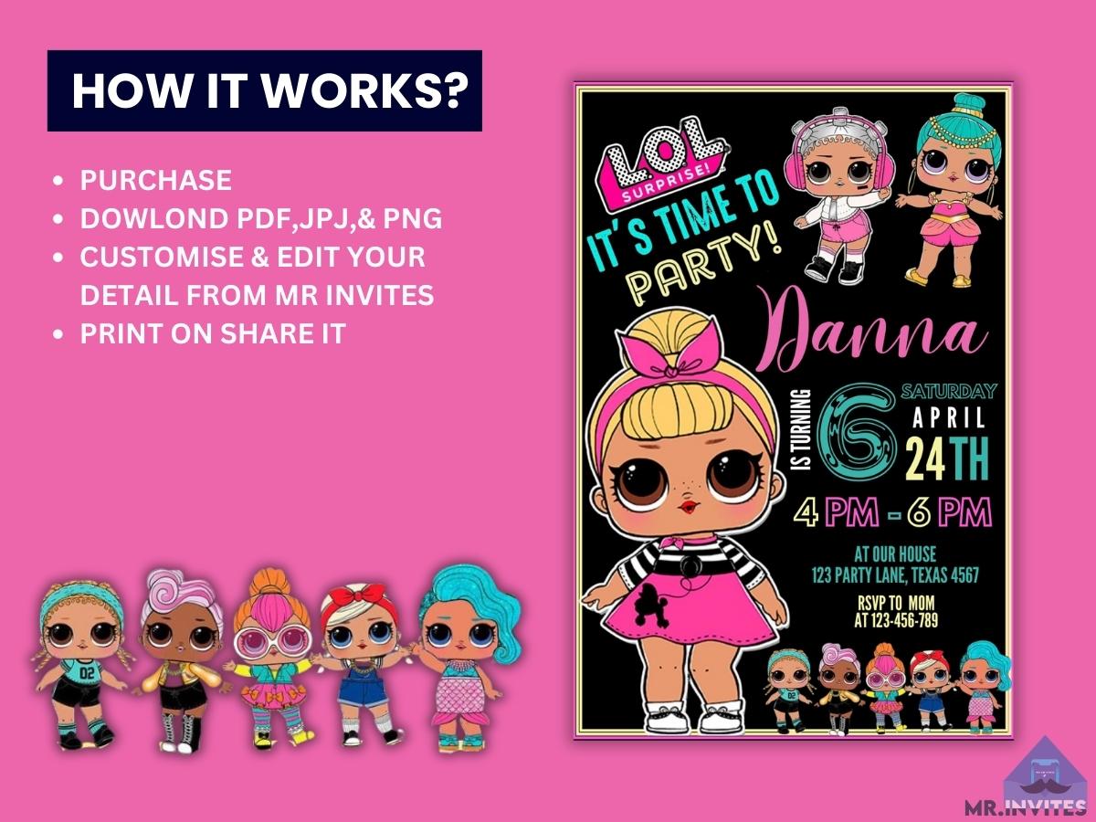 Sparkling LOL Surprise Dolls Birthday Card Invitations | Customizable Designs