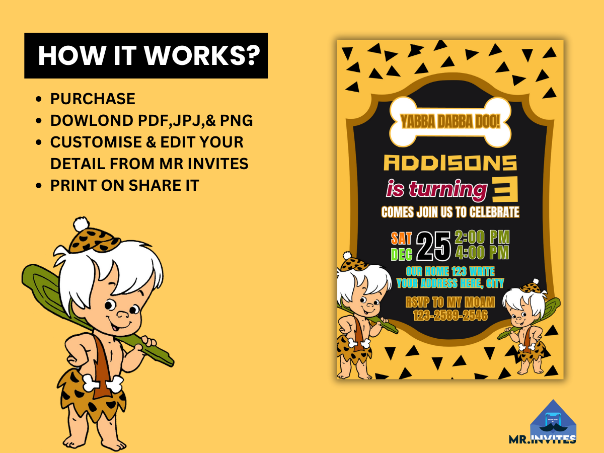 Flintstone Bam Bam Birthday Digital Card Invitation | Personalized Flintstone Bam Bam Invitation