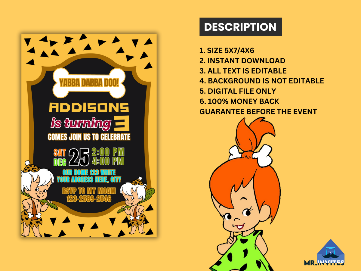 Flintstone Bam Bam Birthday Digital Card Invitation | Personalized Flintstone Bam Bam Invitation