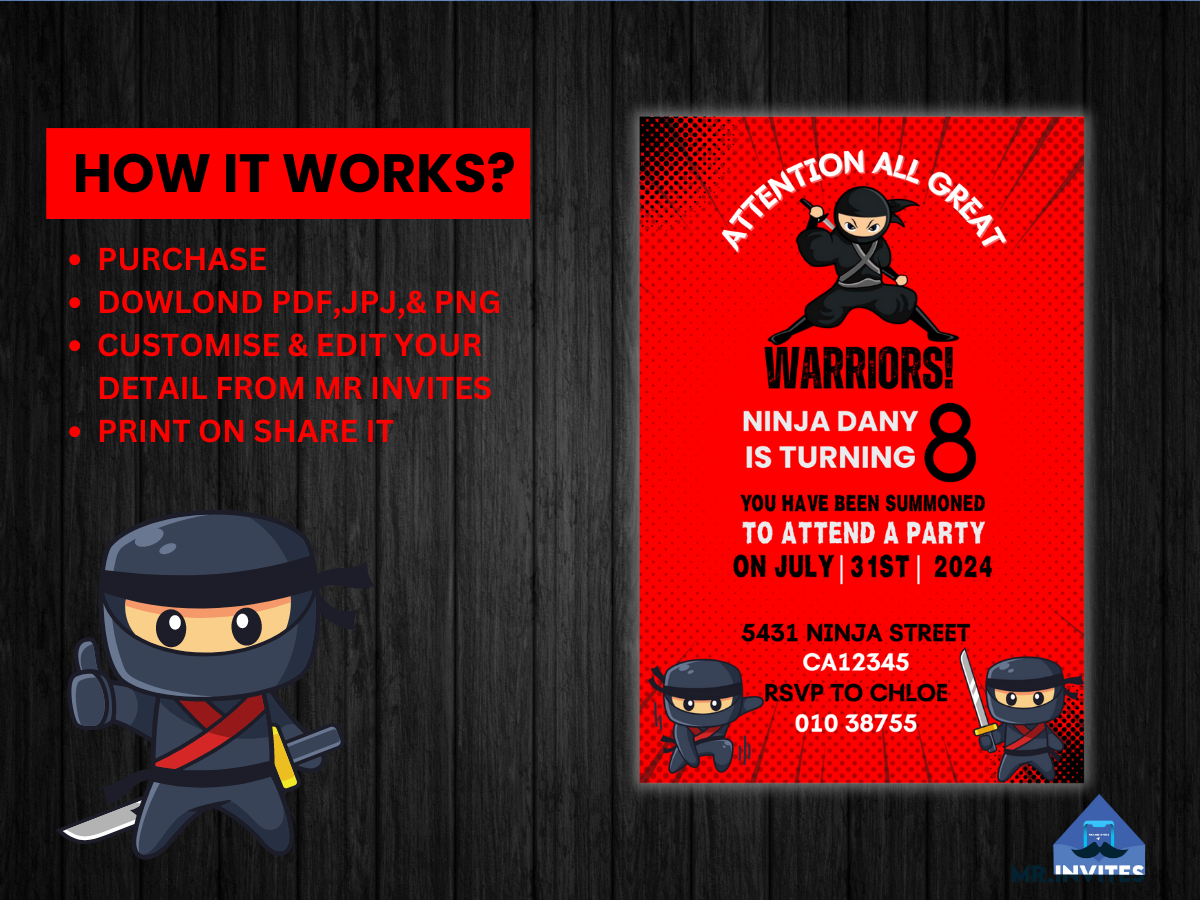 African American Ninja Boy Digital Birthday Card Invitation - Ninja Birthday Party Invite