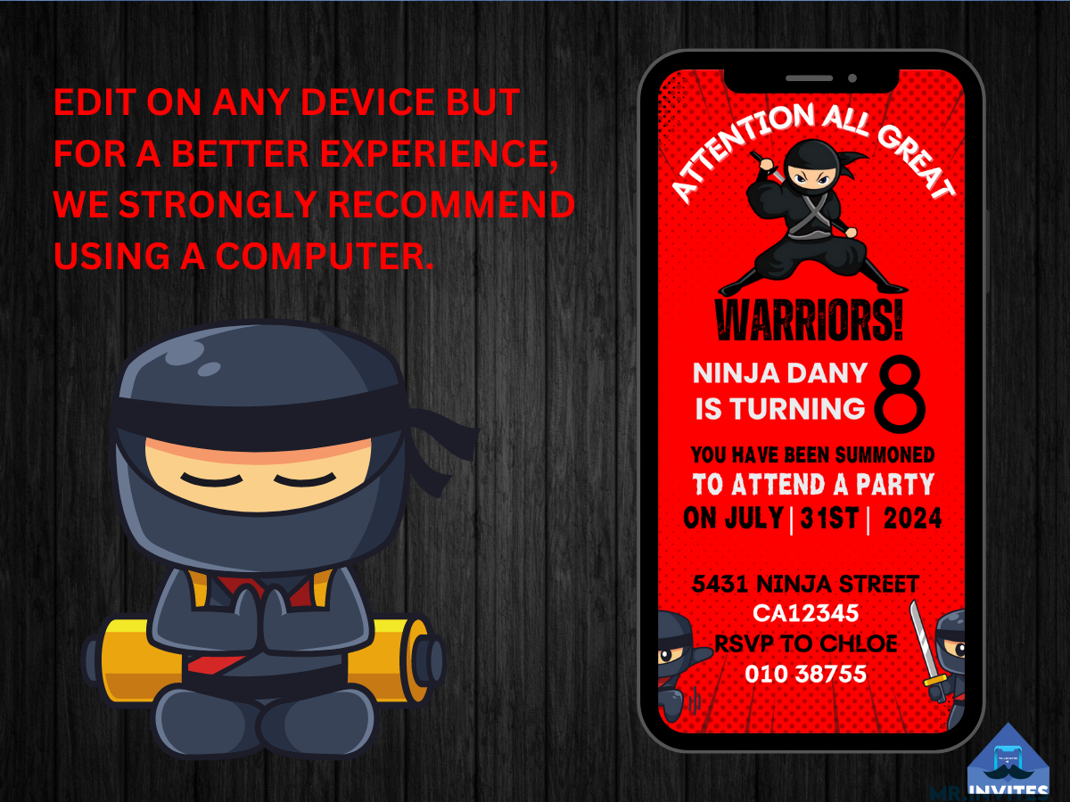 African American Ninja Boy Digital Birthday Card Invitation - Ninja Birthday Party Invite