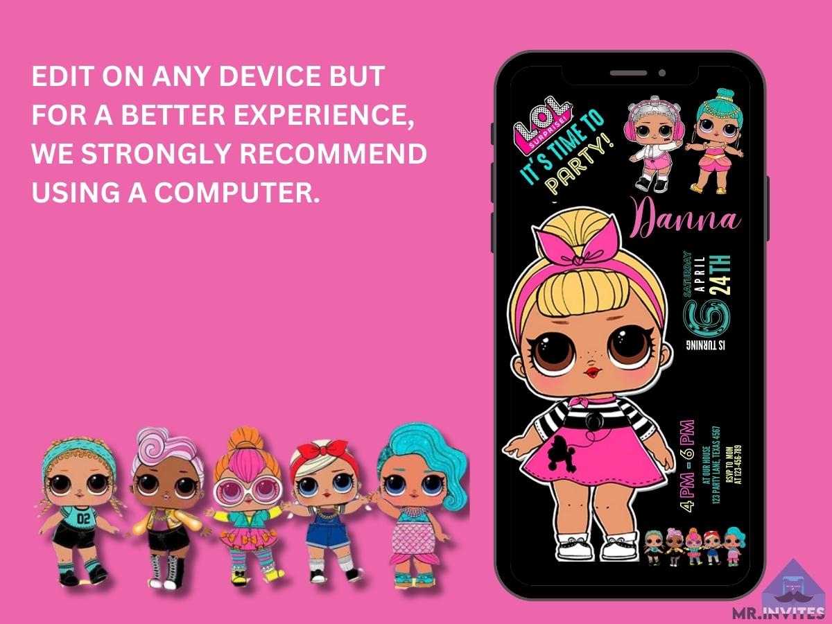 Sparkling LOL Surprise Dolls Birthday Card Invitations | Customizable Designs