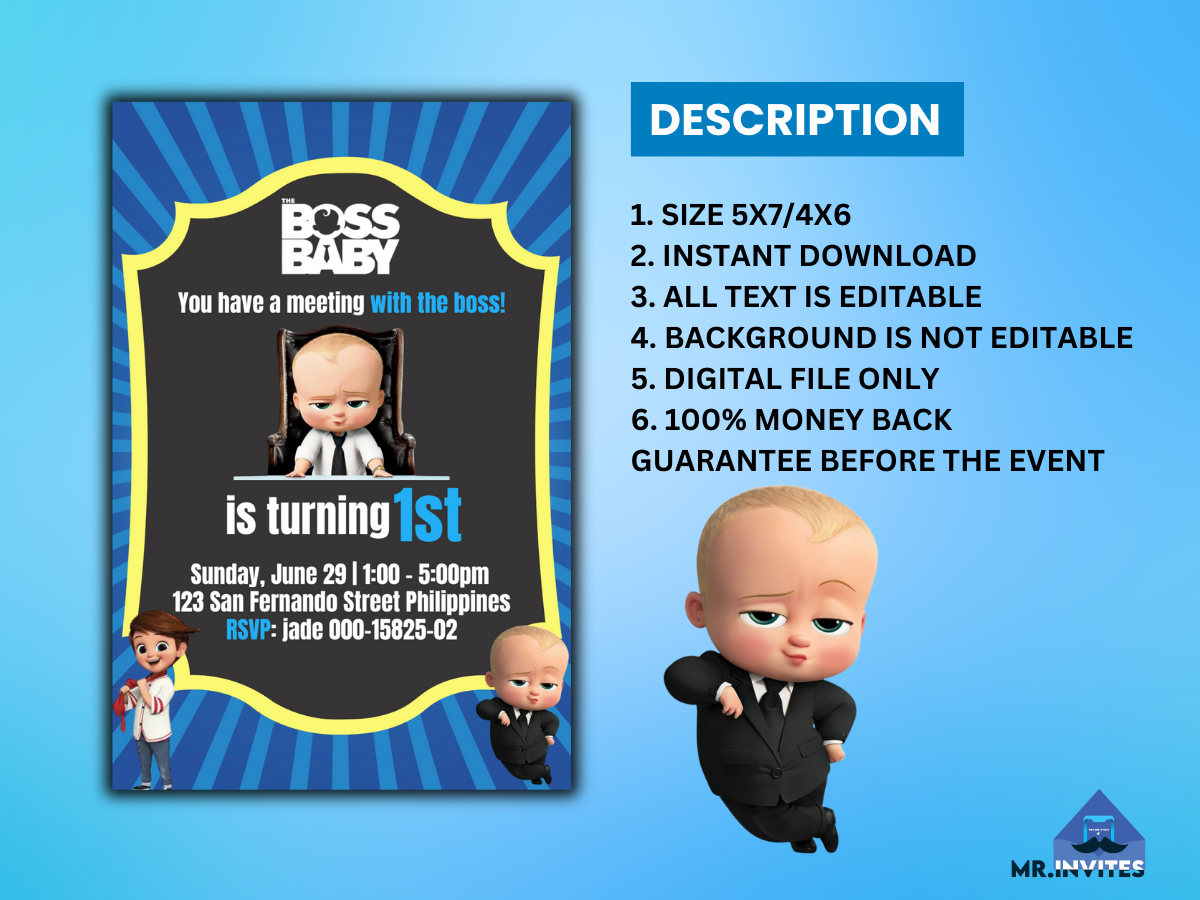 Baby Boss Birthday Party Digital Card Invitation | Baby Boss Birthday Theme Invite