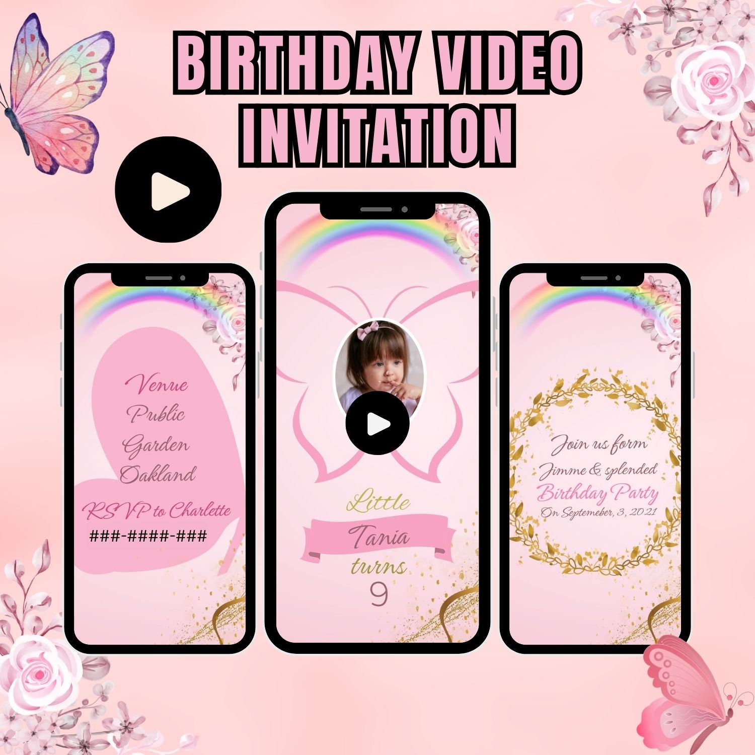 Butterfly Birthday Video Invitation - Girl's Pink Butterfly Birthday Invitation