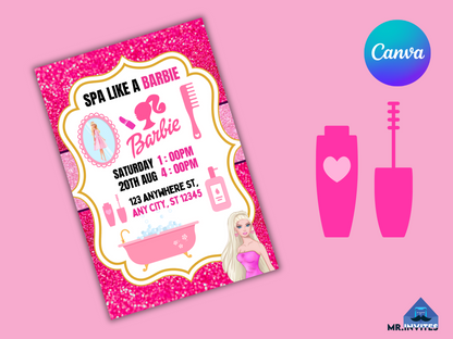 Sparkling Barbie Spa Digital Birthday Card Invitation | Digital Barbie Spa Party Invite