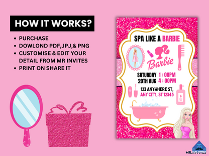 Sparkling Barbie Spa Digital Birthday Card Invitation | Digital Barbie Spa Party Invite