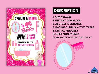 Sparkling Barbie Spa Digital Birthday Card Invitation | Digital Barbie Spa Party Invite