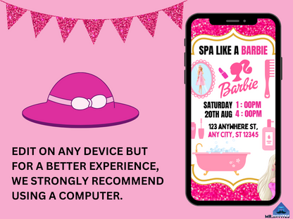 Sparkling Barbie Spa Digital Birthday Card Invitation | Digital Barbie Spa Party Invite