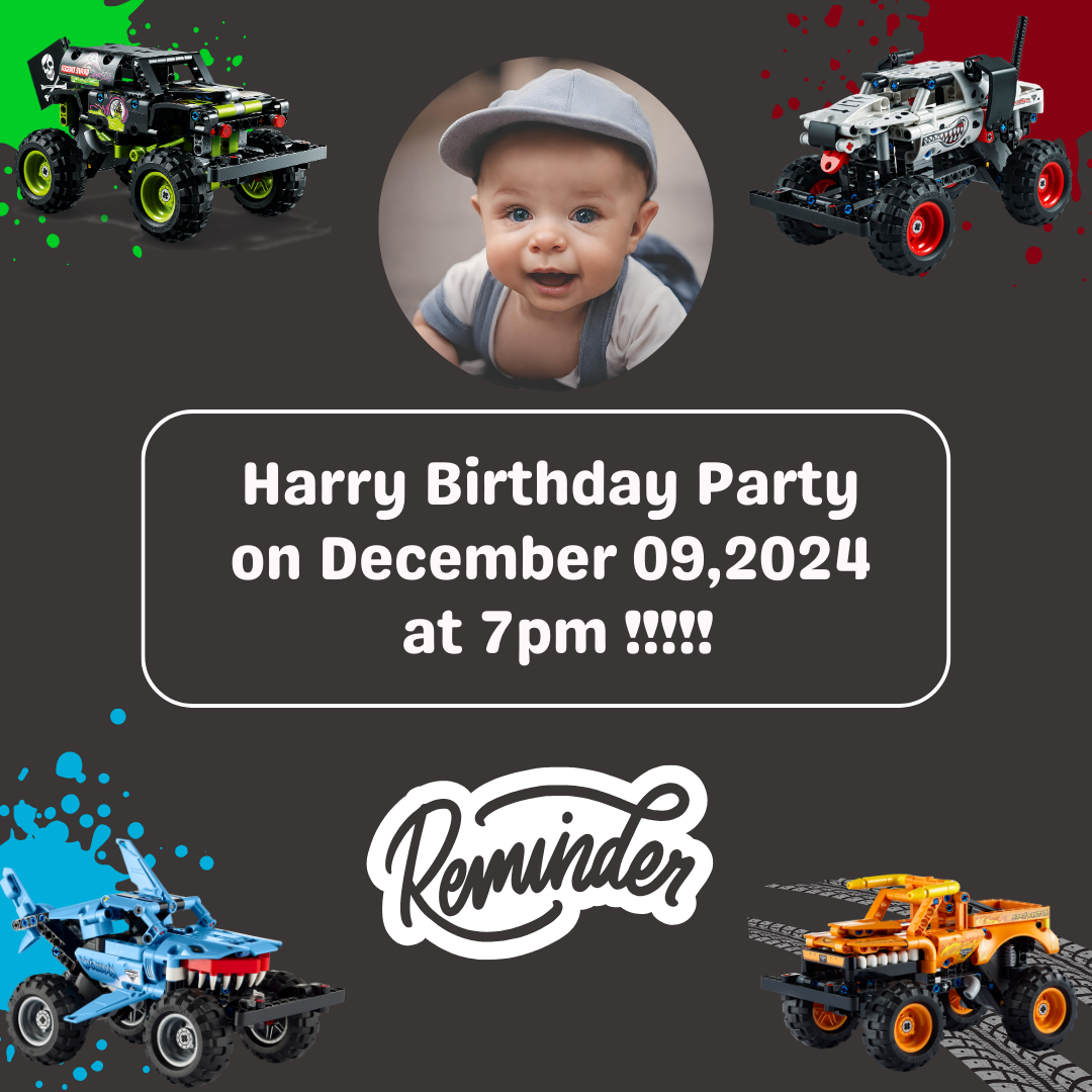 Exciting Monster Trucks Jam Reminder Card For Birthday Event