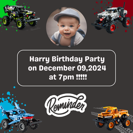 Exciting Monster Trucks Jam Reminder Card For Birthday Event
