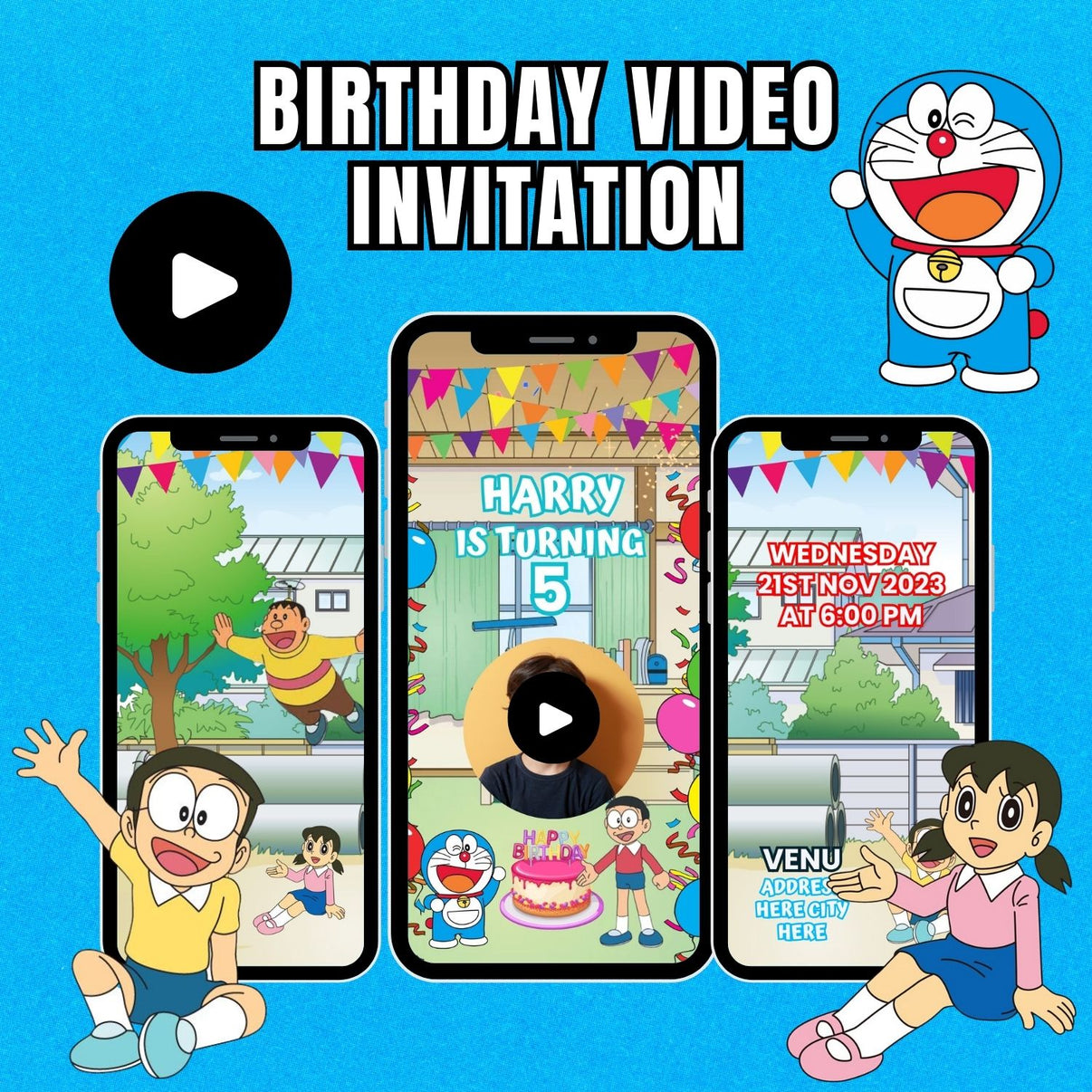 Doraemon Birthday Video Invitation Custom Doremon Theme Party Invita Mrinvites 7219