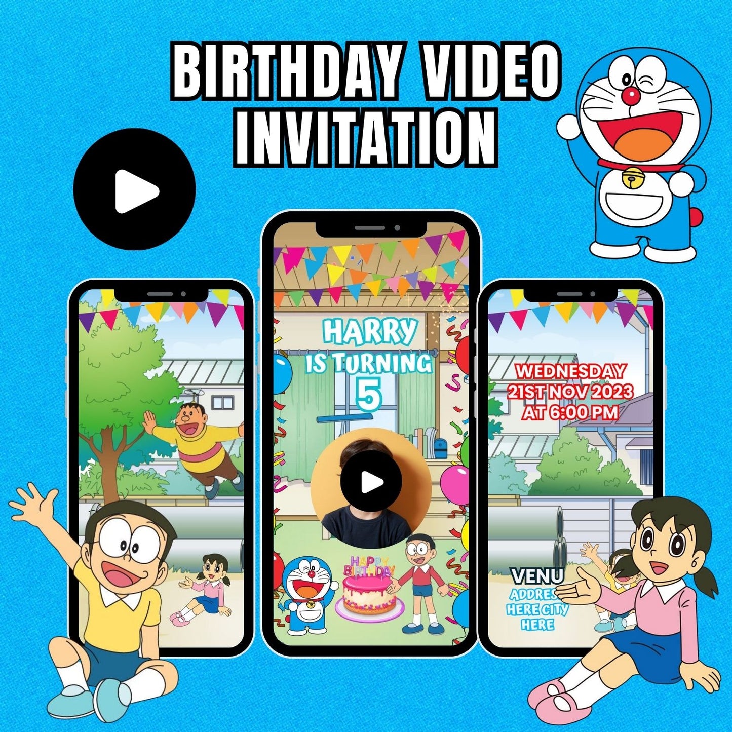 Doraemon Birthday Video Invitation | Custom Doremon Theme Party Invitation