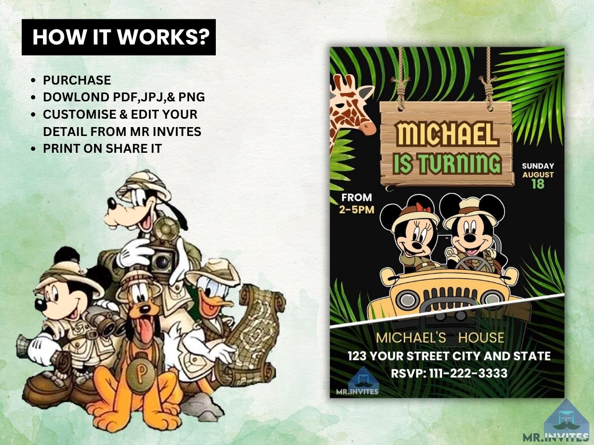 Digital Mickey Safari Birthday Invitation | Mickey Safari Birthday Card invite