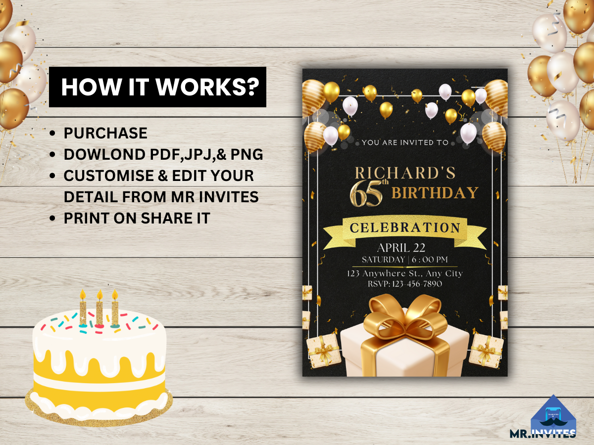 Digital 65th Birthday Party Invitation Card | Beautiful 65th Birthday Party Invite