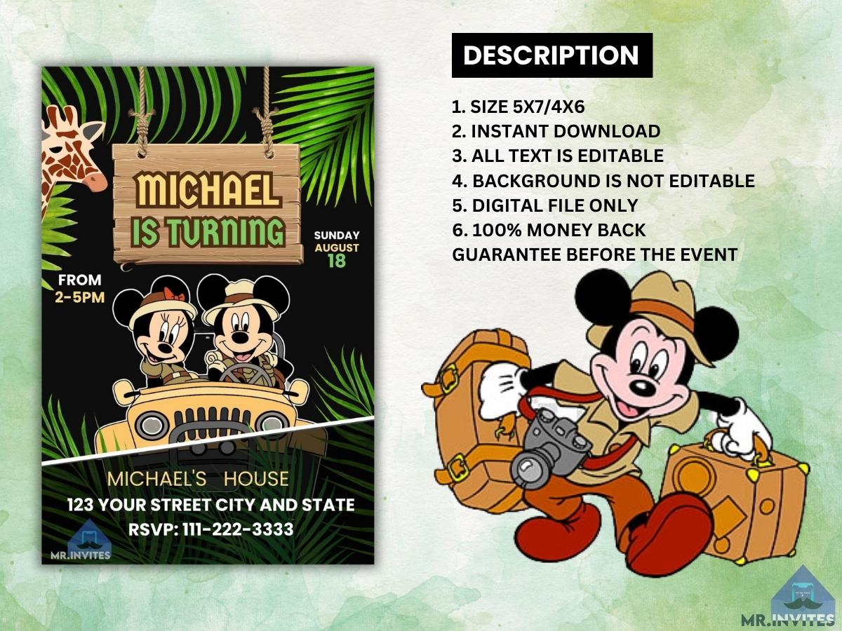 Digital Mickey Safari Birthday Invitation | Mickey Safari Birthday Card invite