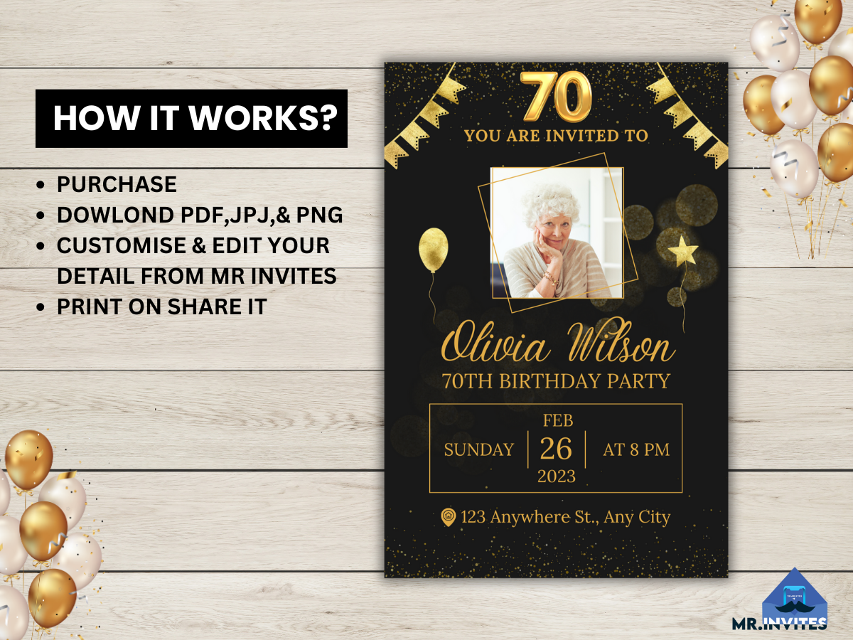 Digital 70th Birthday Party Card Invitation | 70th Birthday Party Invite
