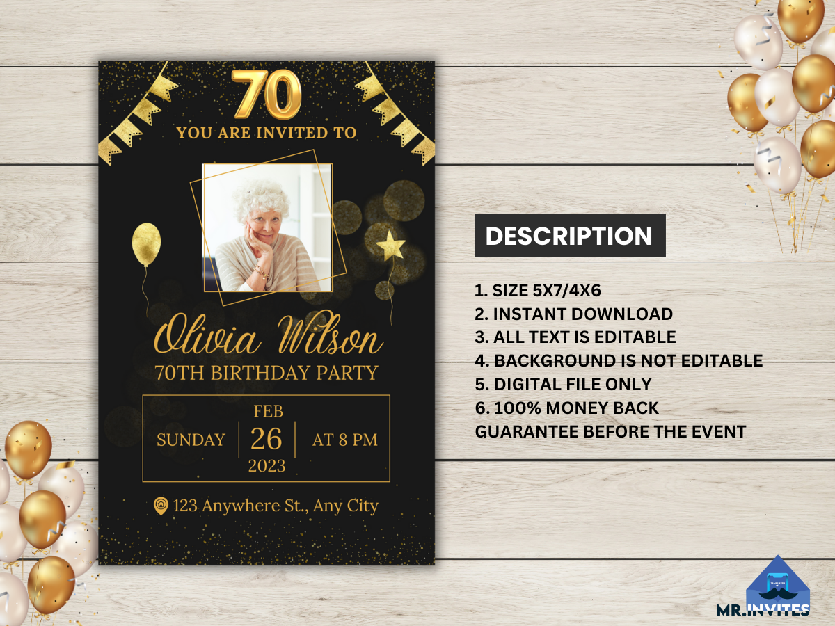 Digital 70th Birthday Party Card Invitation | 70th Birthday Party Invite