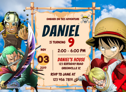 Digital One Piece Birthday Invitation | Customizable Pirate Adventure Party Cards