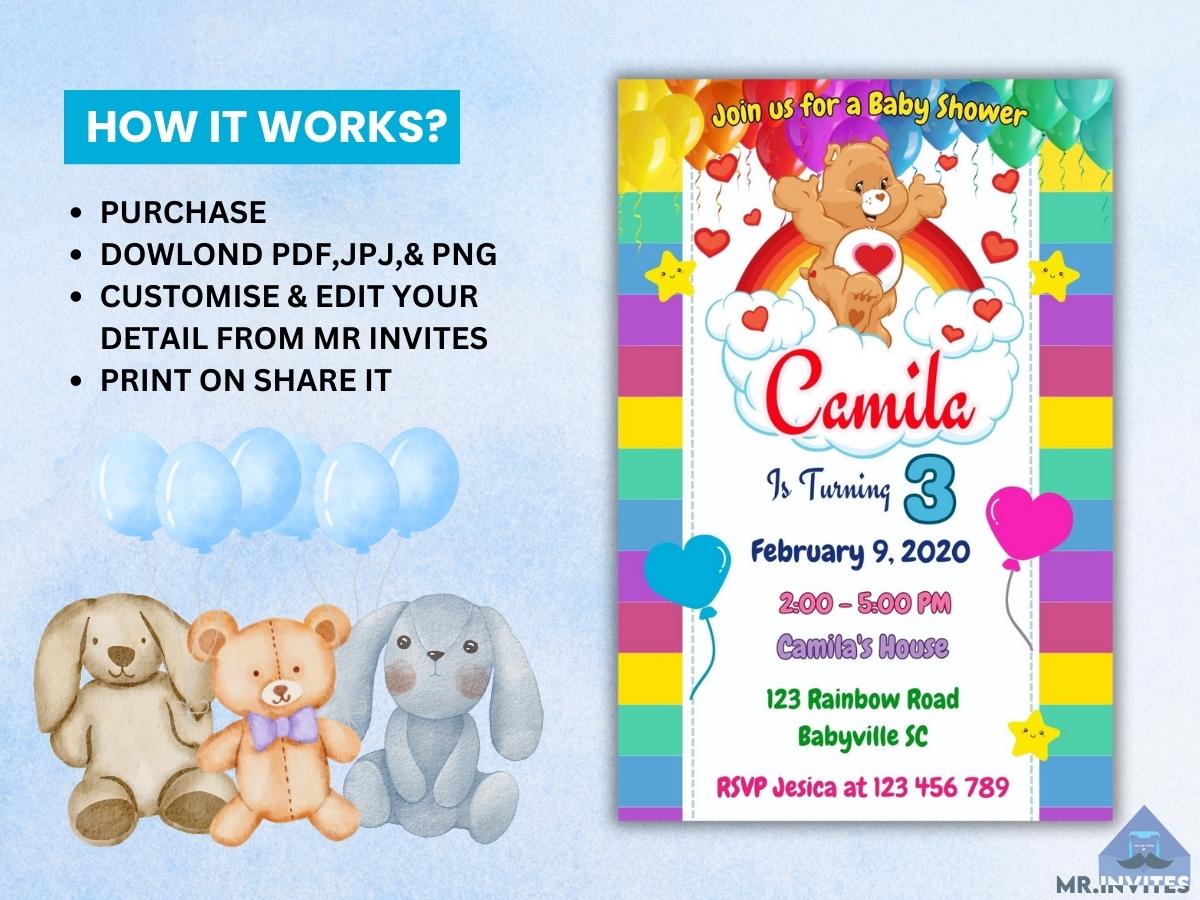 Care Bears Baby Shower Birthday Party Digital Invitation | Customizable and Fun"