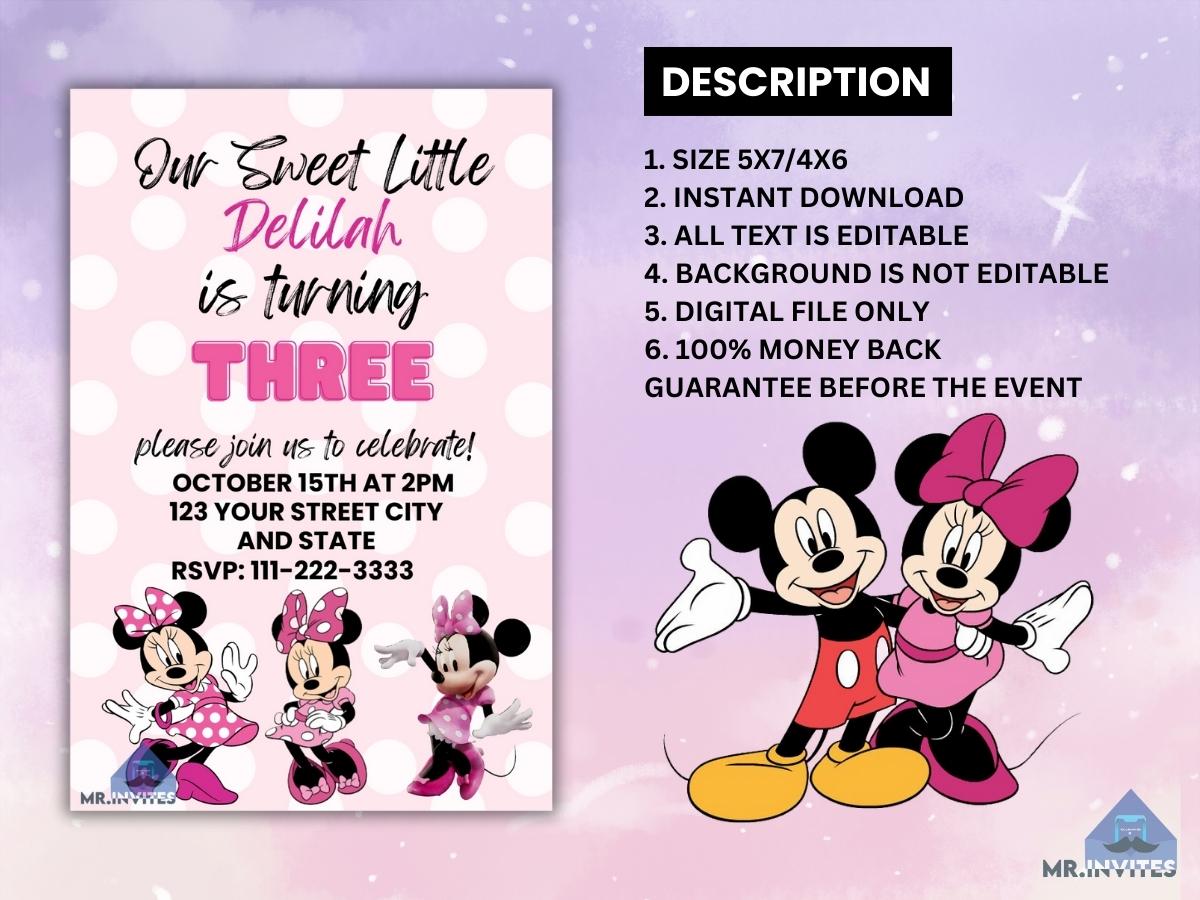 Minnie Mickey Pink Birthday Invitation | Digital Minnie Mickey Invite
