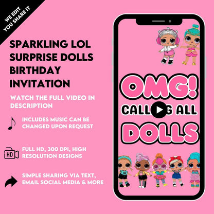 Sparkling LOL Surprise Dolls Birthday Video Invitations | Customizable Designs