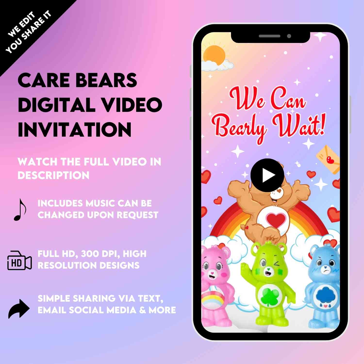 Care Bear Text Invite, Care Bear Birthday, Care Bear Digital Text, Care  Bear Birthday Party, Customizable Digital Invite 
