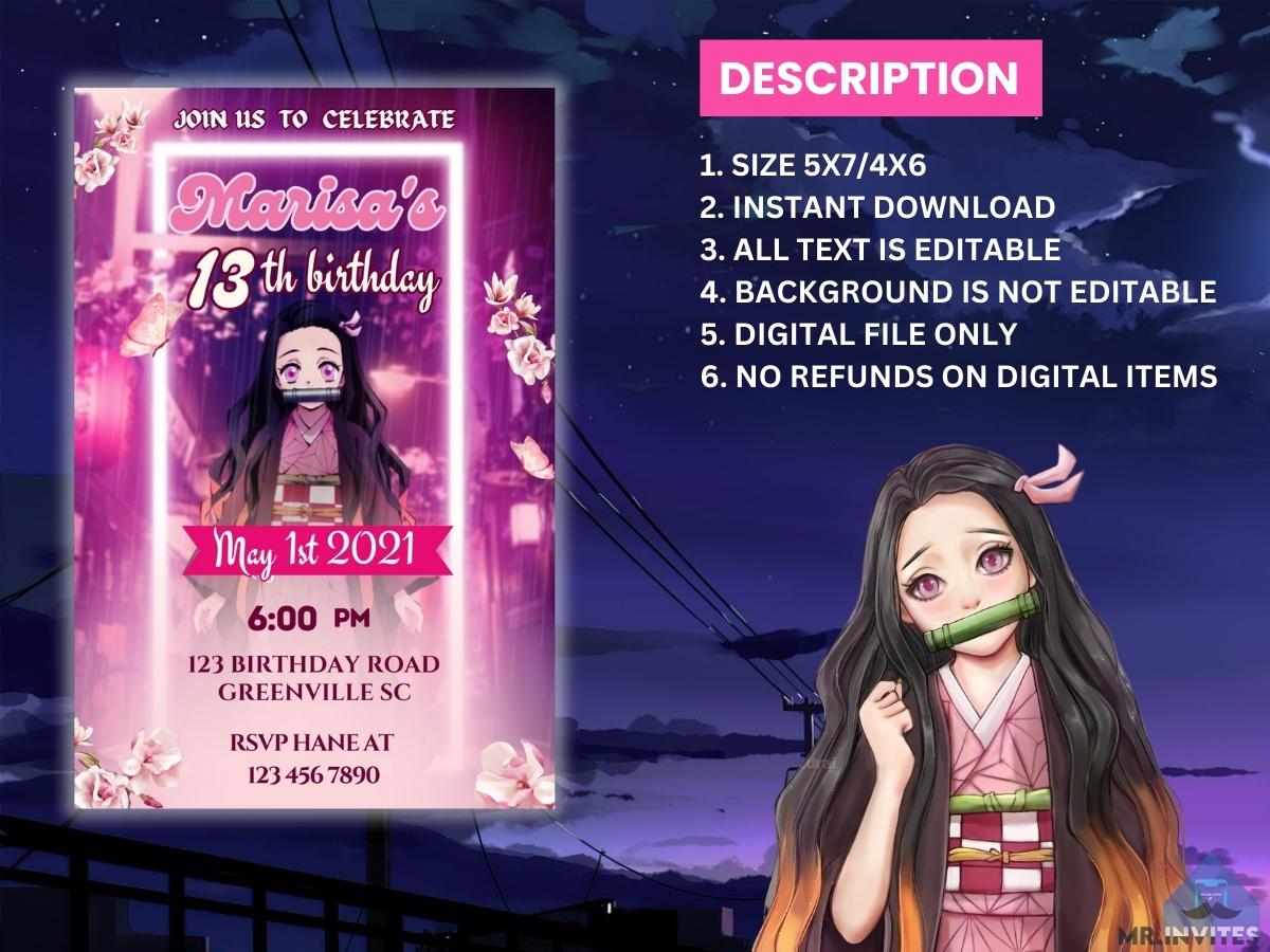 Digital Nezuko-inspired Birthday Card Invitations | Demon Slayer Themed Party