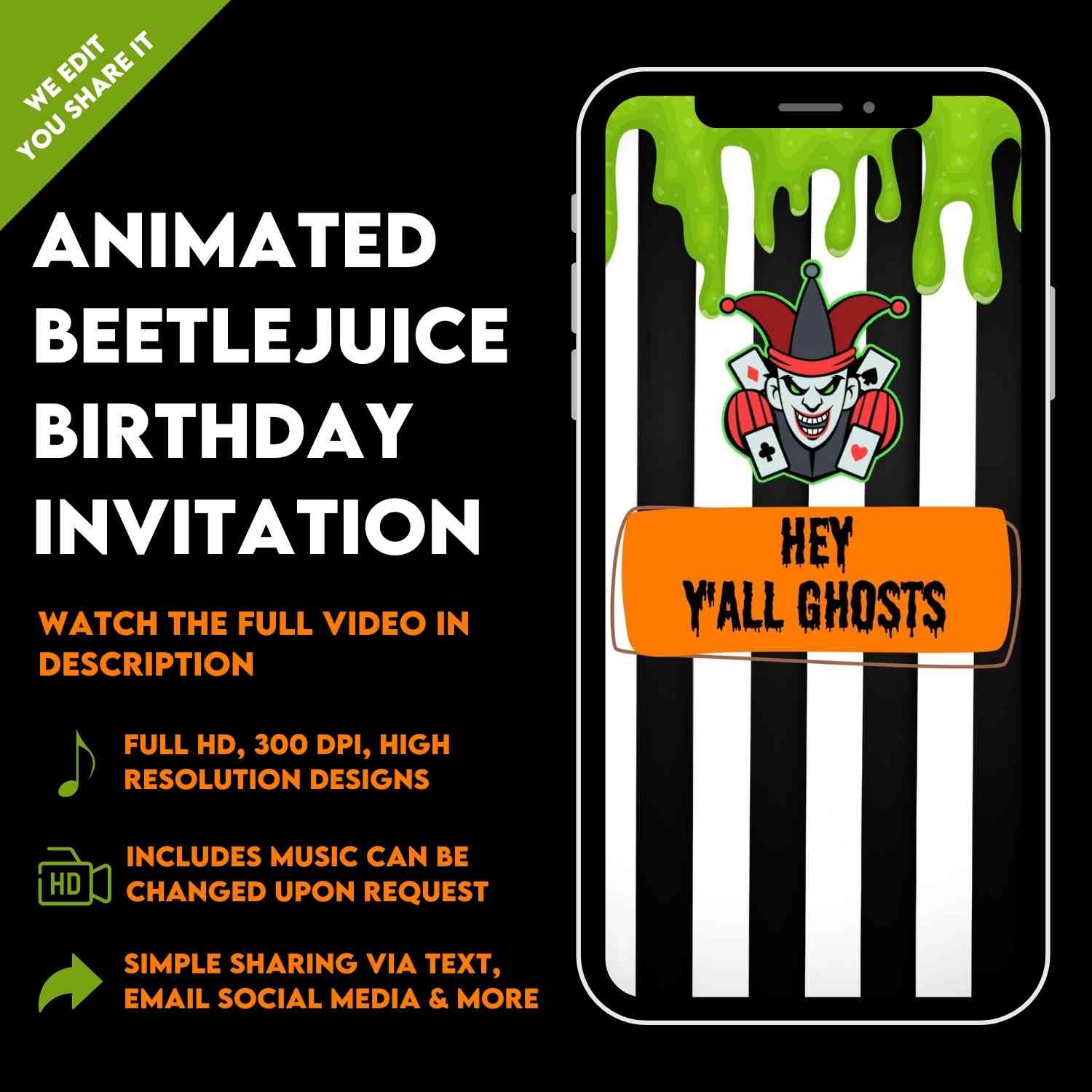 Animated Beetlejuice Birthday Party Invitation - Halloween Video Party Invite