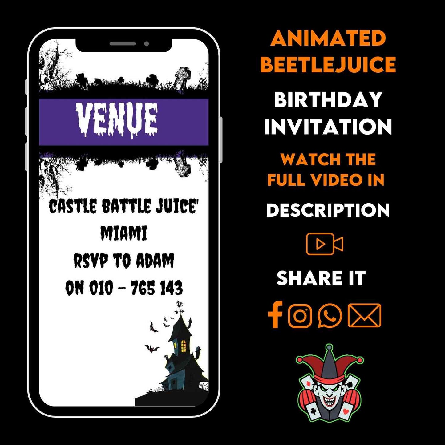 Animated Beetlejuice Birthday Party Invitation - Halloween Video Party Invite
