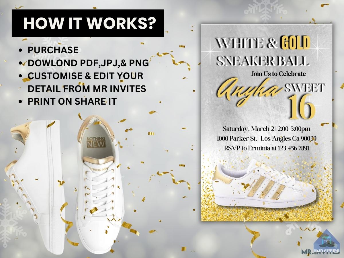 Glamorous Gold Sneaker Ball Birthday Invitation | Trendy & Unique