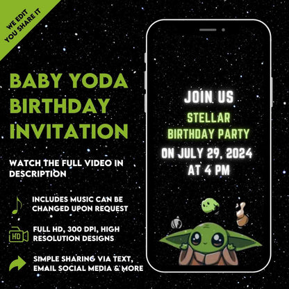 Baby Yoda Birthday Video Invitation | Custom Birthday Party Video Invite