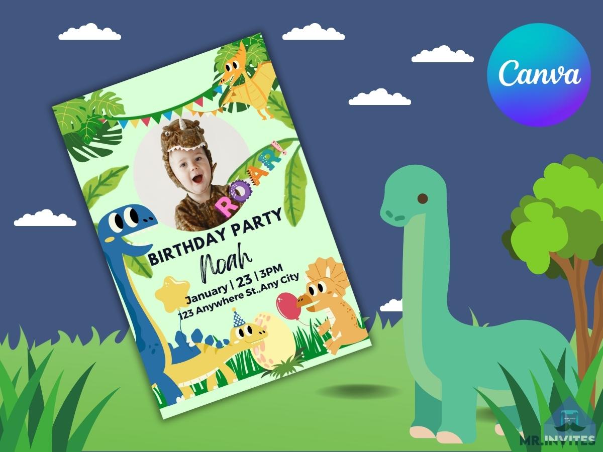 Digital Dinosaur Grasic Birthday Invitation | Dinosaur Birthday Invitation Template