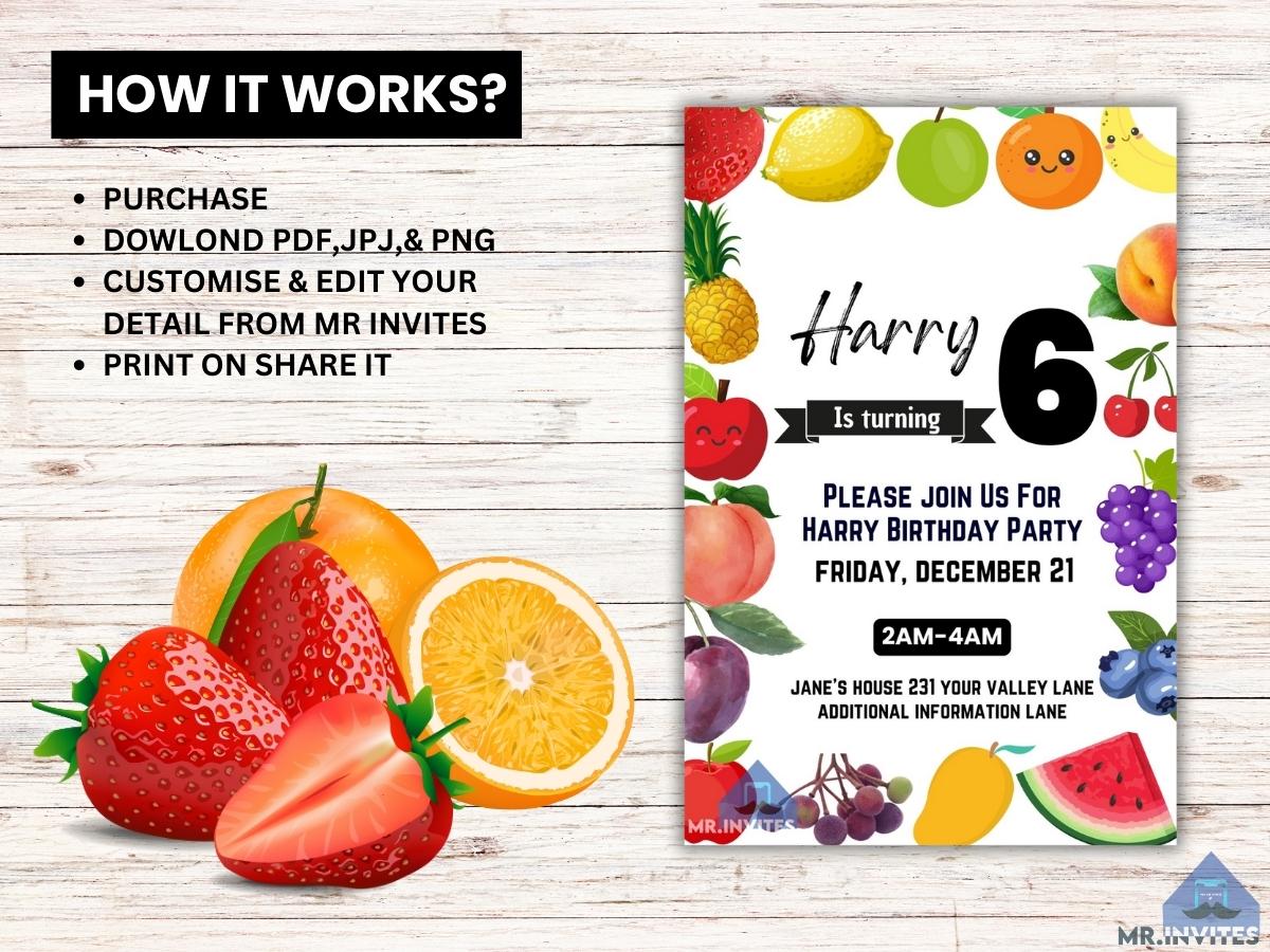 Digital Bear Sensory Birthday Invitation | Fruits Party Invite