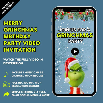 Merry Grinchmas Animated Birthday Video Invitation | Customizable Video Invitation
