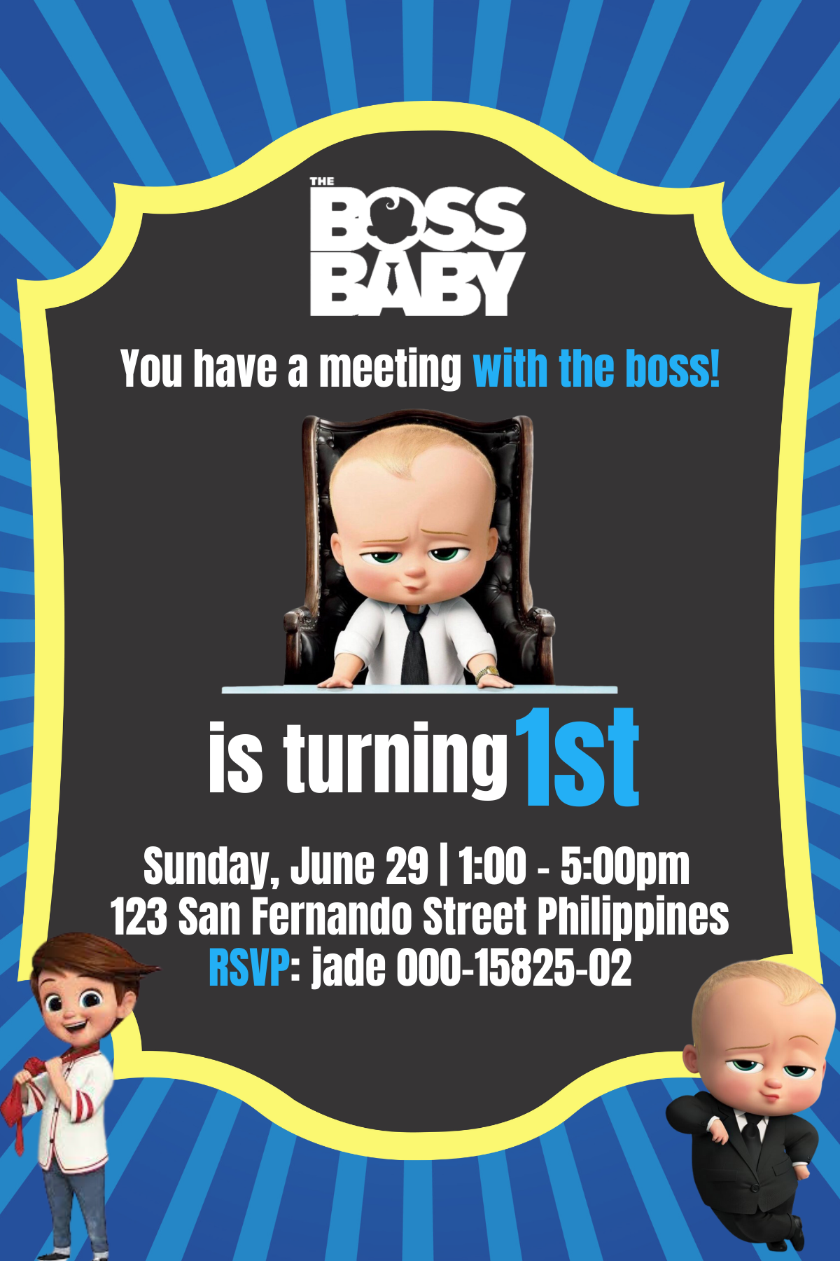 Baby Boss Birthday Party Digital Card Invitation  Baby Boss Birthday Theme Invite