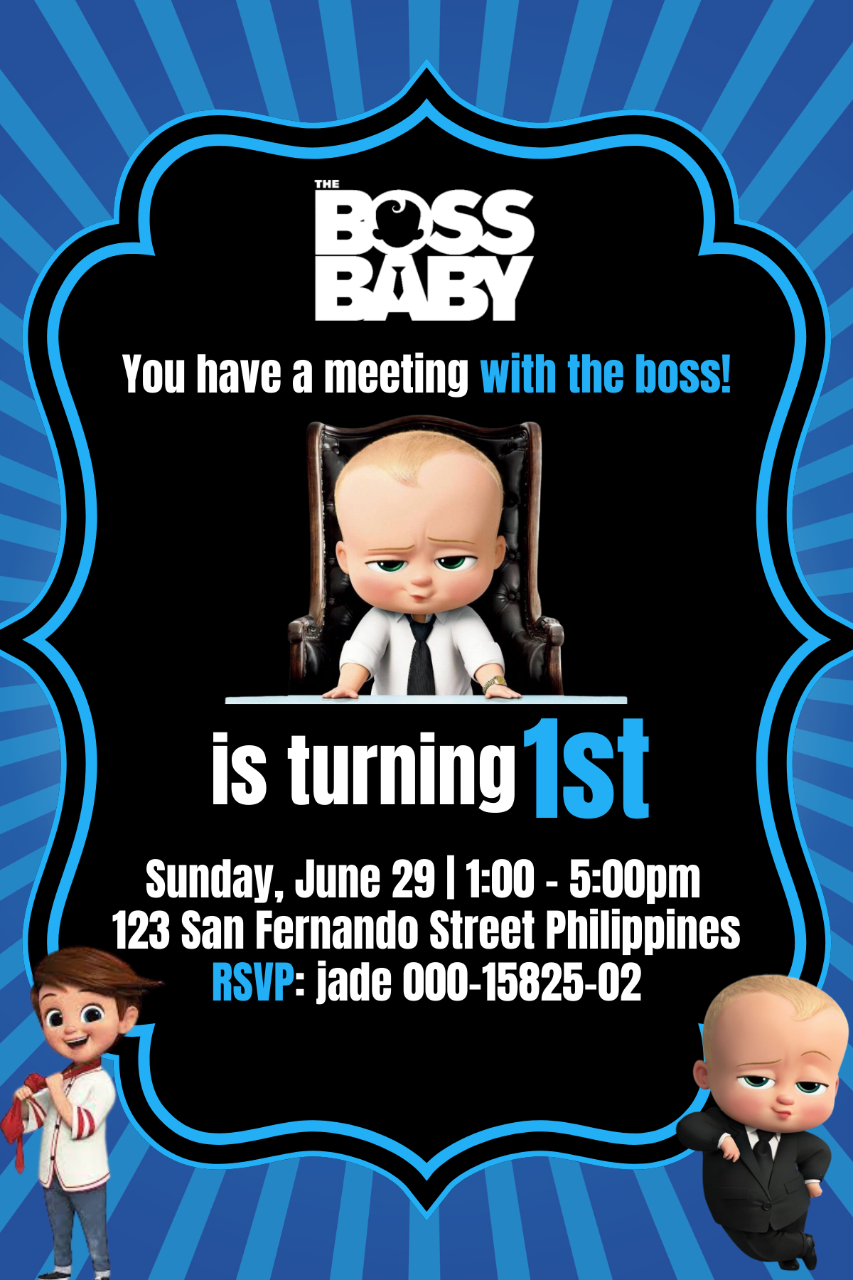 Baby Boss Birthday Party Digital Card Invitation  Baby Boss Birthday Theme Invite