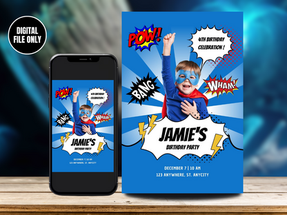 Baby Super Hero Digital Birthday Invitation | Birthday Invitation Card Superhero Theme