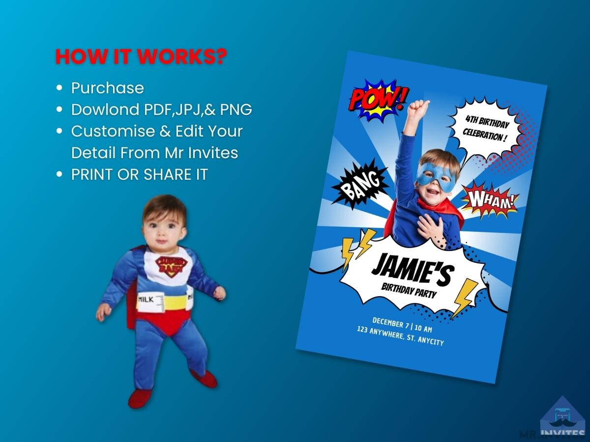 Baby Super Hero Digital Birthday Invitation | Birthday Invitation Card Superhero Theme