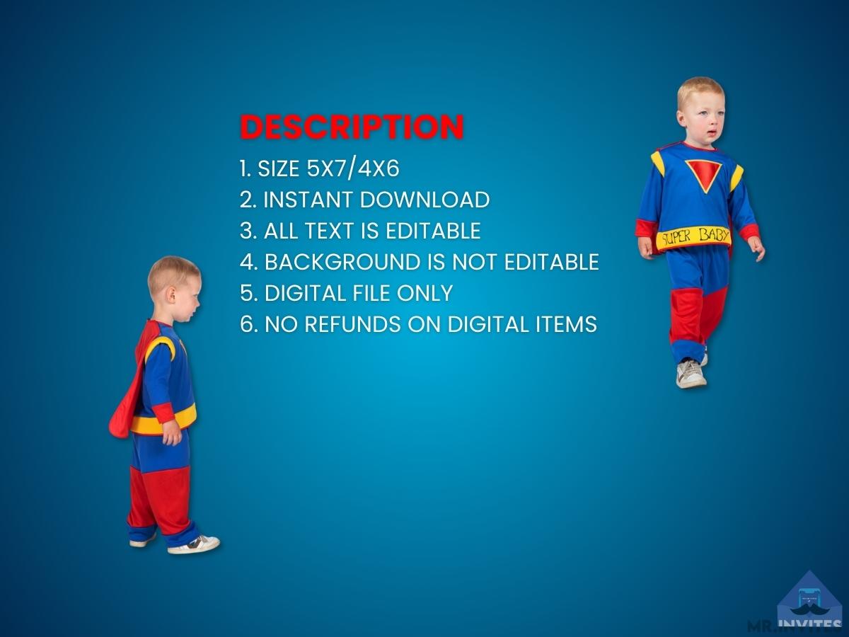 Baby Super Hero Digital Birthday Invitation | Birthday Invitation Card Superhero Theme